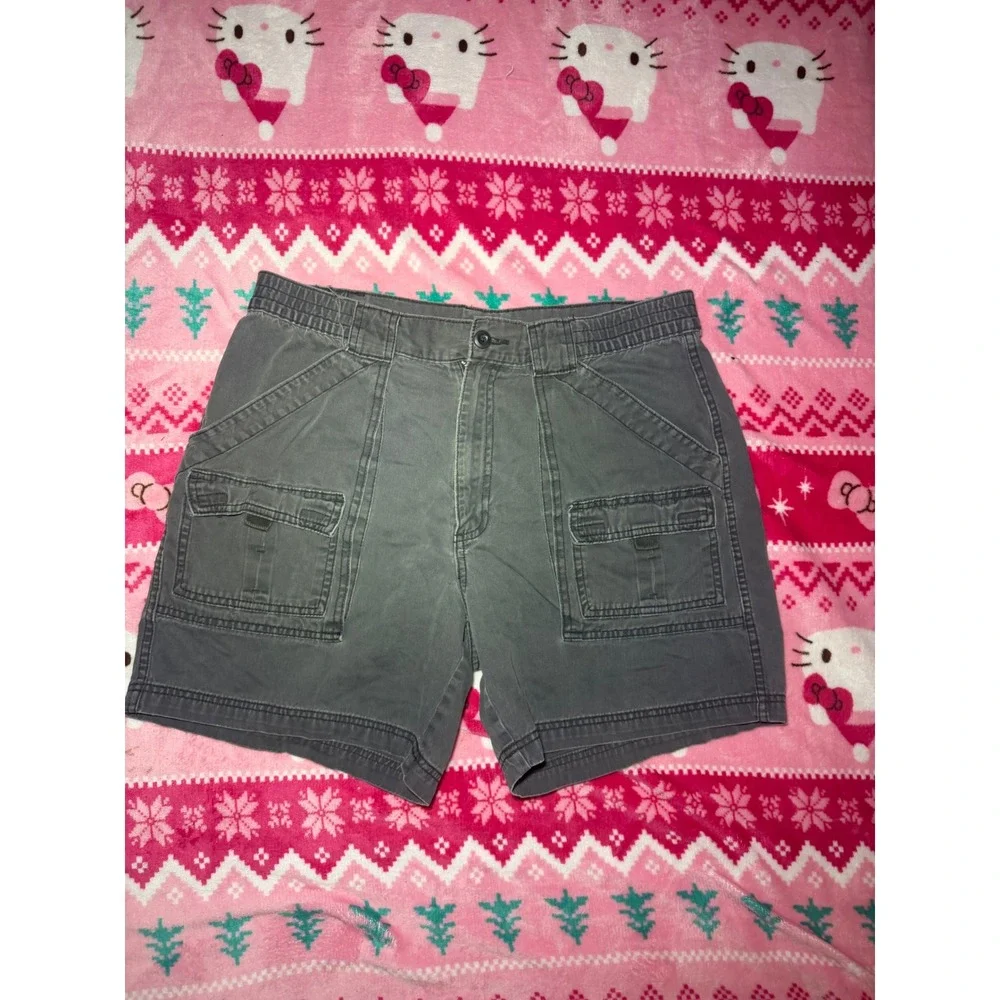 St. Johns Bay Mens Cargo Shorts Size 36 Gray Cotton Elastic Waist Utility Hiking